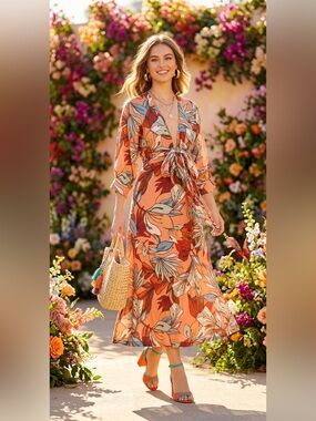 NICHOLAS 100% Linen Floral Dress M Orange Leaf Print V-Neck Wrap Midi Boho